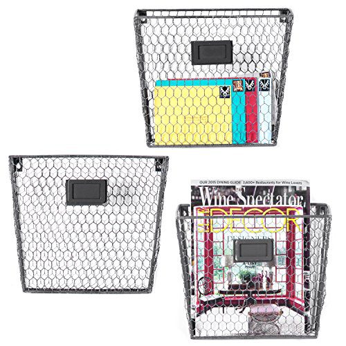 MyGift Rustic Metal Wire Wall-Mounted Magazine & File Organizer Rack w/Erasable Chalkboard Labels, Set of 3