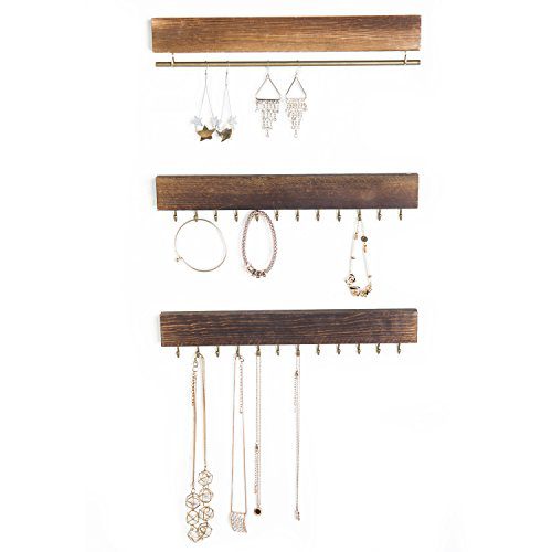 MyGift Set of 3 Rustic Wood & Gold Tone Metal Jewelry Organizers
