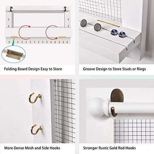 VIEFIN White Wall-Mounted Mesh Jewelry Organizer, Wooden Earring Bracelet