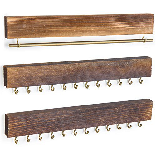 MyGift Set of 3 Rustic Wood & Gold Tone Metal Jewelry Organizers