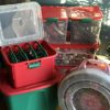 Homz Holiday Light Storage Container with 4 Green Cord Wraps, Clear Lid, Latches, Set of 6, Red Base