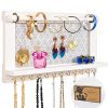 Wall Mounted White Wood Jewelry Organizer Holder with Hooks Shelf