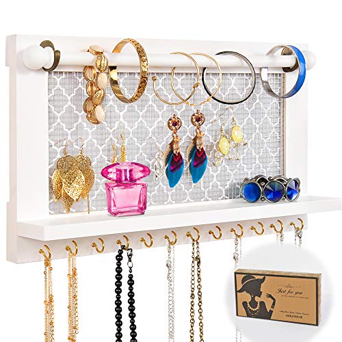 Wall Mounted White Wood Jewelry Organizer Holder with Hooks Shelf