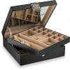 Glenor Co 28 Section Jewelry Box - 2 Layer - Buckle Snap & Magnet Closure - Large Mirror - Leather Design - Black - Jewelry Organizer for Women & Girls - Holder for Earring Ring Necklace & Bracelet