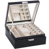 Jewelry Box Organizer 40 Section Display Tray Storage Case Drawer 2 Layers Large Mirror Girls Teens Women Holder for Earring Ring Necklace Bracelet PU Leather Black SSH01B