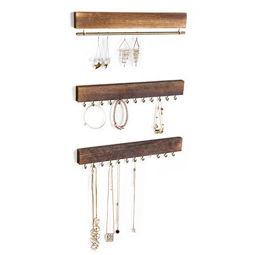 MyGift Set of 3 Rustic Wood & Gold Tone Metal Jewelry Organizers