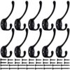 IBosins 10 Pack Heavy Duty Dual Coat Hooks Wall Mounted with 40 Screws Retro Double Hooks Utility Black Hooks for Coat, Scarf, Bag, Towel, Key, Cap, Cup, Hat (Black)