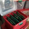 Homz Holiday Light Storage Container with 4 Green Cord Wraps, Clear Lid, Latches, Set of 6, Red Base
