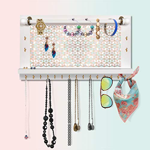 VIEFIN White Wall-Mounted Mesh Jewelry Organizer, Wooden Earring Bracelet