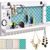 VIEFIN White Wall-Mounted Mesh Jewelry Organizer, Wooden Earring Bracelet Holder with Shelf, Hanging Hooks for Necklace, Chic Wall Decor