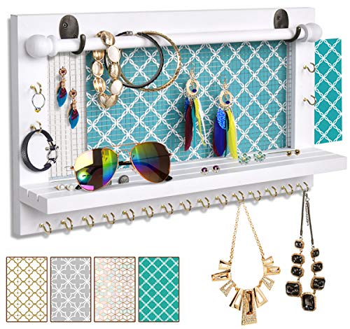 VIEFIN White Wall-Mounted Mesh Jewelry Organizer, Wooden Earring Bracelet Holder with Shelf, Hanging Hooks for Necklace, Chic Wall Decor