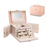 Vlando Jewelry Box, Faux Leather Medium Jewelry Organizer, Vintage Gift for Women -Pink-Cross Pattern
