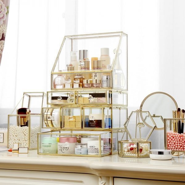 AF Luxury Large Makeup Storage Glass Et Metal Edge Cosmetics Organizer