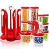 Fun Life 25-Piece Food Storage Container Set with Rotating Rack, Durable Plastic Canister Jar with Red Lids, Perfect for Flour, Sugar, Cereals, BPA Free, Leakproof, Microwave/Freezer/Dishwasher Safe