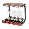 Soduku Wine Rack Wall Mounted Handmade Metal & Wood Wine Countertop Rack Wine Storage Shelf with 4 Bottle Cages & 6 Long Stem Glass (Walnut)
