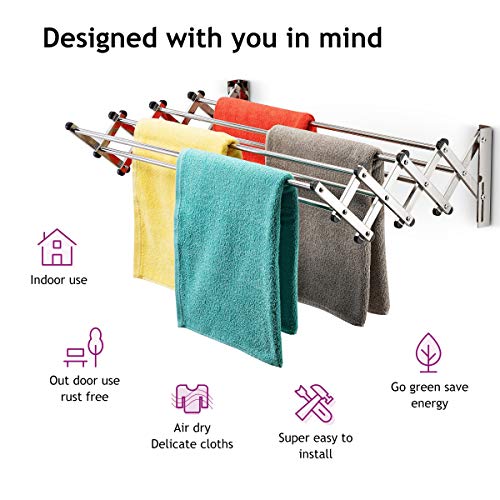 Bartnelli Accordion Wall Mounted Drying Rack | 8 Smooth Round Stainless Steel