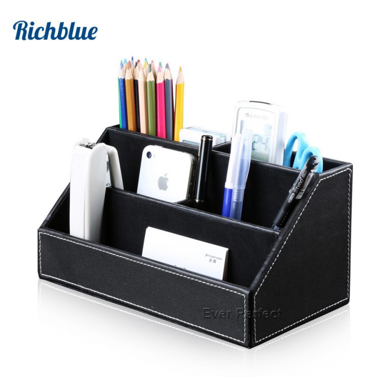 PU Leather Desktop Organizer Stationery Storage Box Pen Pencils Holder Remote Control Case Container Box