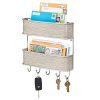 mDesign Wall Mount Metal Mail Organizer Storage Basket - 2 Tiers, 5 Hooks - for Entryway, Mudroom, Hallway, Kitchen, Office - Holds Letters, Magazines, Coats, Keys - Satin/Gray Wood Finish