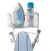 mDesign Metal Wall Mount Ironing Board Holder with Large Storage Basket - Holds Iron, Board, Spray Bottles, Starch, Fabric Refresher for Laundry Rooms - Chrome