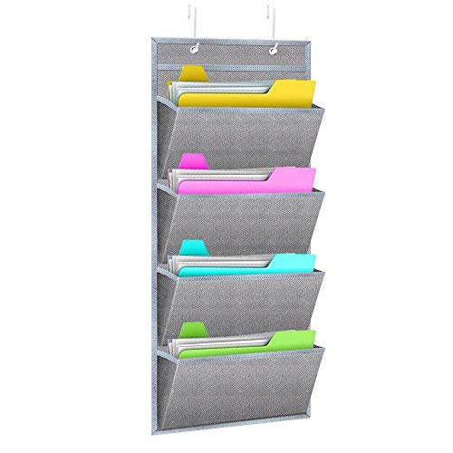Hanging Wall Organizer,WishAcc Wall Mount/Over The Door Office Supplies Storage Mail Organizer for Notebooks,Planners,File Folders - 4 Pockets Deep Gray