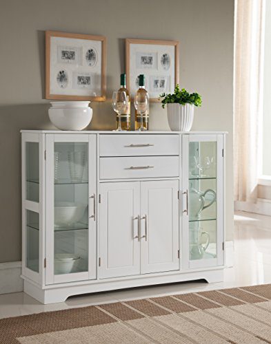 Kings Brand Furniture VD-60366HW Kitchen Storage Cabinet Buffet with Glass Doors, White