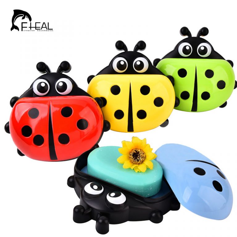 FHEAL Cute Ladybug Soap Box Bathroom Drain Soap Holder Kitchen Sponge Storage Rack Jewelry Storage Box