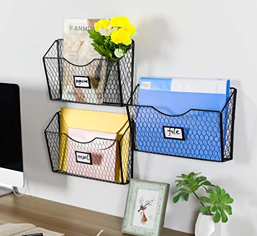 3 Pockets Hanging File Holder Wall Mount Mail Organizer Metal Chicken Wire Magazine Rack with Tag Slot