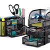 Halter Steel Mesh 2 Piece Desk Organizer Set - Oval Desk Supply Caddy and 3 Drawer Mini Hutch Organizer Storage - Black