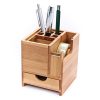 Bamboo Desk Organizer - Stylish Pen Pencil Holder Stand with Drawer & Tape Dispenser