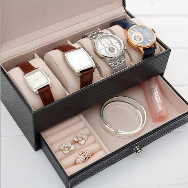 Double Layer Jewelry & Watch Box - Stylish Arbon Fiber Leather Storage with Drawer Organizer