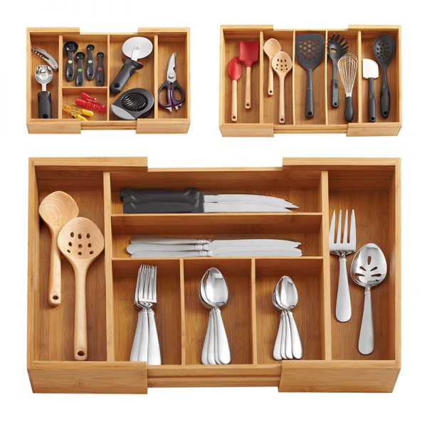 Expandable Bamboo Cutlery Organizer Eco Kicthen Storage Box Adjustable