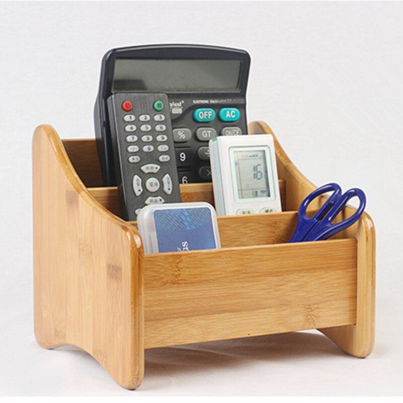 Bamboo Storage Box 3 Slots Table Decor Remote Control Holder Multiple-Use Sundries Stationery Makeup Cosmetic Organizer