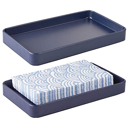 mDesign Modern Decorative Metal Guest Hand Towel Storage Tray Dispenser, Sturdy Holder for Disposable Paper Napkins - Bathroom Vanity Countertop Organization - 2 Pack - Matte Navy Blue