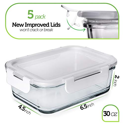 Glass Meal Prep Containers - 5-Pack 30oz 1 Compartment Glass Food Storage Set for Healthy Portion Control, Oven-Safe & Leakproof