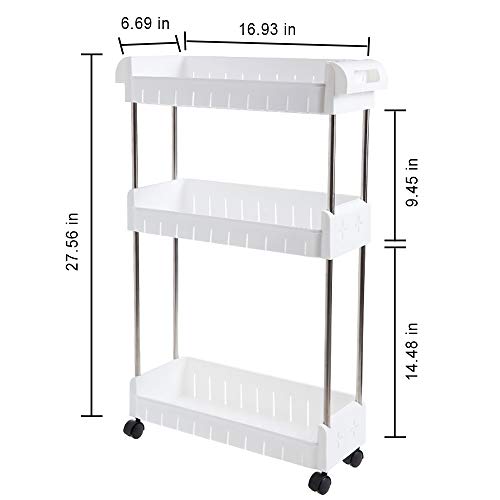 3 Tier Slim Storage Cart Mobile Shelving Unit Slide Out Storage Tower