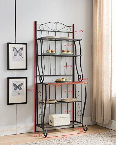 Kings Brand 5-Tier Kitchen Storage Bakers Rack - Stylish Black/Walnut Organizer for Plates, Canisters, and Freshly Baked Delights