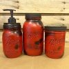 5 Piece Rustic Red Mason Jar Bathroom Accessory Set or Desk Set