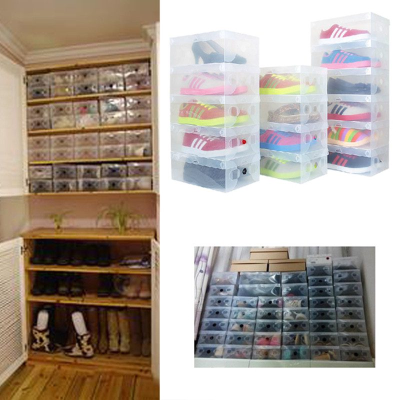 High Quality 10pcs/lot Foldable Plastic Shoe Storage Case Boxes bag Stackable Organizer Shoe Holder Easy DIY