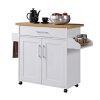Hodedah Kitchen Island with Spice Rack, Towel Rack & Drawer, White with Beech Top