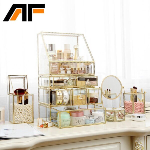 AF Luxury Large Makeup Storage Glass Et Metal Edge Cosmetics Organizer Clear Detachable Storage Box Lipstick Holder C218