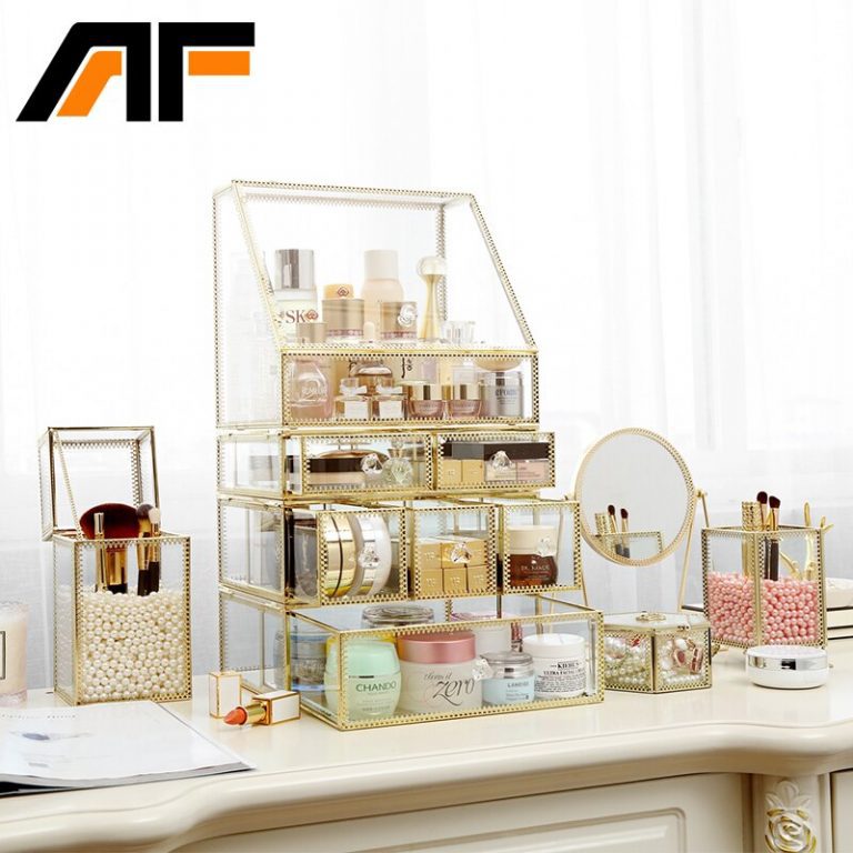 AF Luxury Large Makeup Storage Glass Et Metal Edge Cosmetics Organizer Clear Detachable Storage Box Lipstick Holder C218