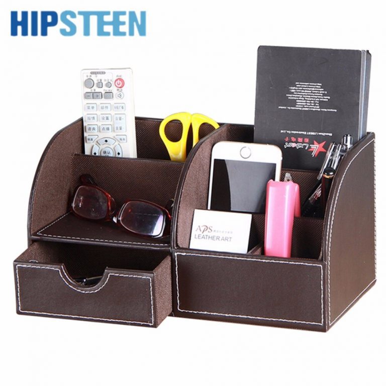 HIPSTEEN Multifunctional PU Leather Office Desk Organizer Business Card Stationery Holder Storage Box