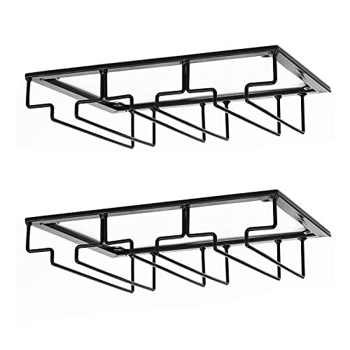 DEFWAY Wine Glass Rack - Under Cabinet Stemware Wine Glass Holder Glasses Storage Hanger 2 Pack Metal Organizer for Bar Kitchen Black