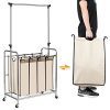 Bonnlo 4-Bag Rolling Laundry Sorter with Adjustable Hanging Bar, Chrome/Beige