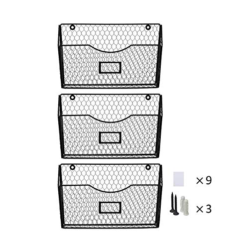 3 Pockets Hanging File Holder Wall Mount Mail Organizer Metal Chicken Wire Magazine Rack with Tag Slot