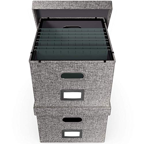 File Boxes for Hanging Files | Decorative Filing Organizer with Lid | Filing Box Features Patent-Pending Metal Folder Glides for Easy Movement | Linen Hanging File Box Set of 2 | Neutral Gray