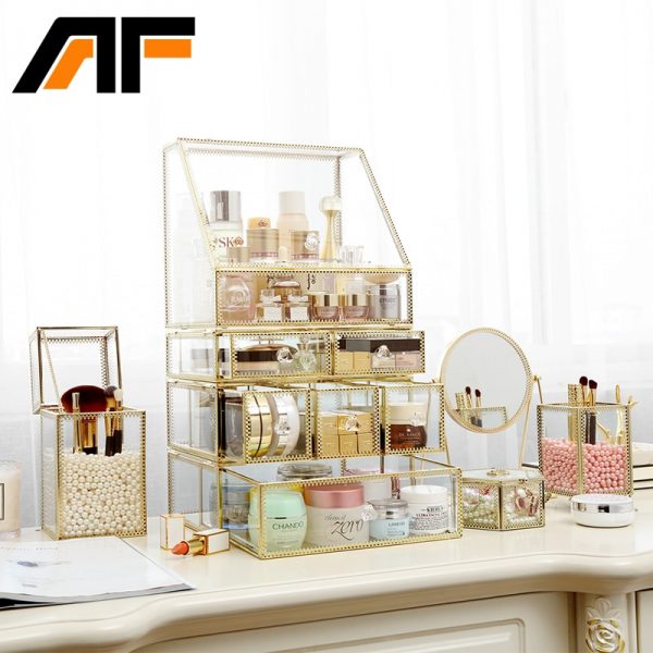 AF Luxury Large Makeup Storage Glass Et Metal Edge Cosmetics Organizer