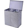 SUPERJARE Double Laundry Hamper/Sorter with Removable Liners and Magnetic Lid, Collapsible Clothes Basket with Built-in Handles for Easy Carrying, 2 Dividers, Linen Gray