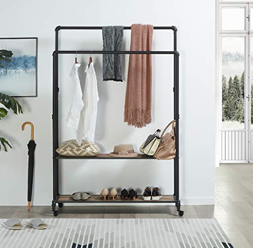 Rustic Industrial Pipe Hall Tree with Shoe Storage – Rolling Clothes Rack