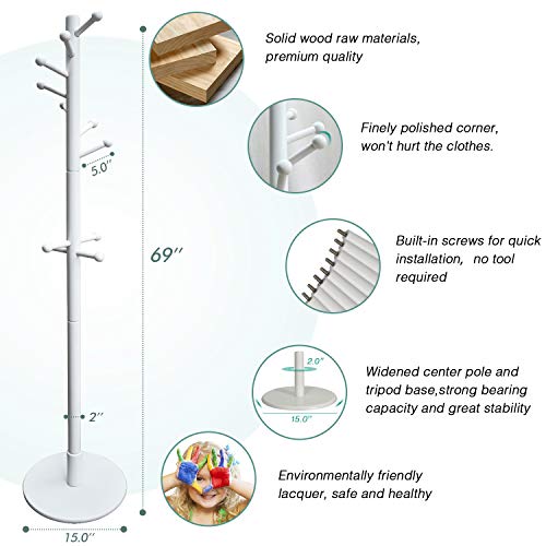 Vlush Sturdy Wooden Coat Rack Stand, Entryway Hall Tree Coat Tree